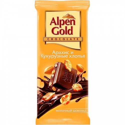 Плиточный шоколад Alpen Gold, молочный с арахисом и кукурузными хлопьями, 90 гр