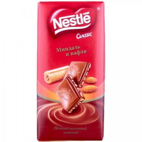 Плиточный шоколад Nestle, молочный с миндалем и вафлями, 90 гр