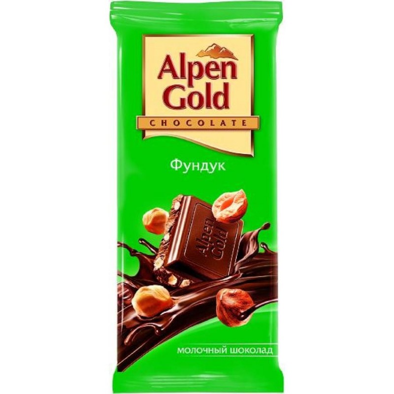 Плиточный шоколад Alpen Gold, молочный с дробленым фундуком, 90 гр