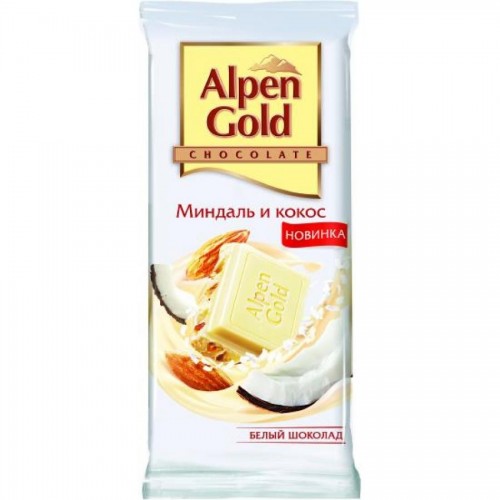 Плиточный шоколад Alpen Gold, белый с миндалем и кокосовой стружкой, 90 гр