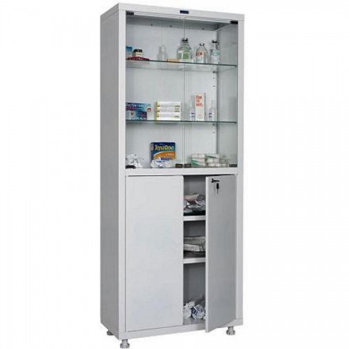 Шкаф металлический медицинский Hilfe 1670/SG, 1655х700х320 мм, 4 полки, стекл. двери, 35 кг, белый
