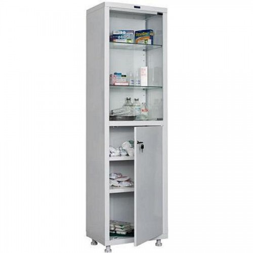 Шкаф металлический медицинский Hilfe 1650/SG, 1655х500х320 мм, 4 полки, стекл. двери, 27 кг, белый